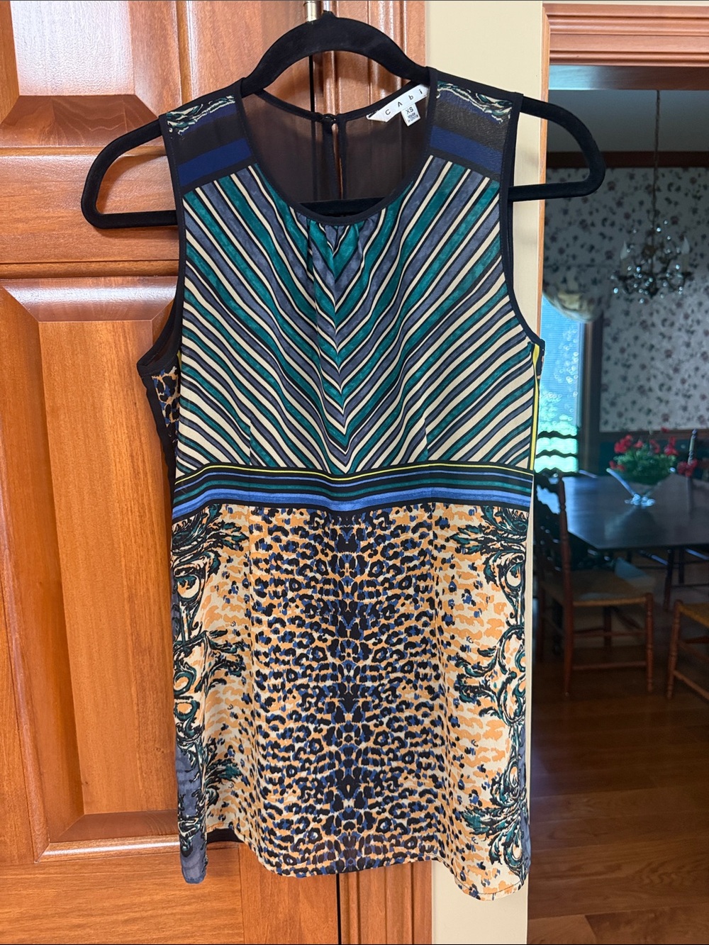 CAbi Mixed-Print Sleeveless Shift Dress in Teal, Black & Orange….Sheer